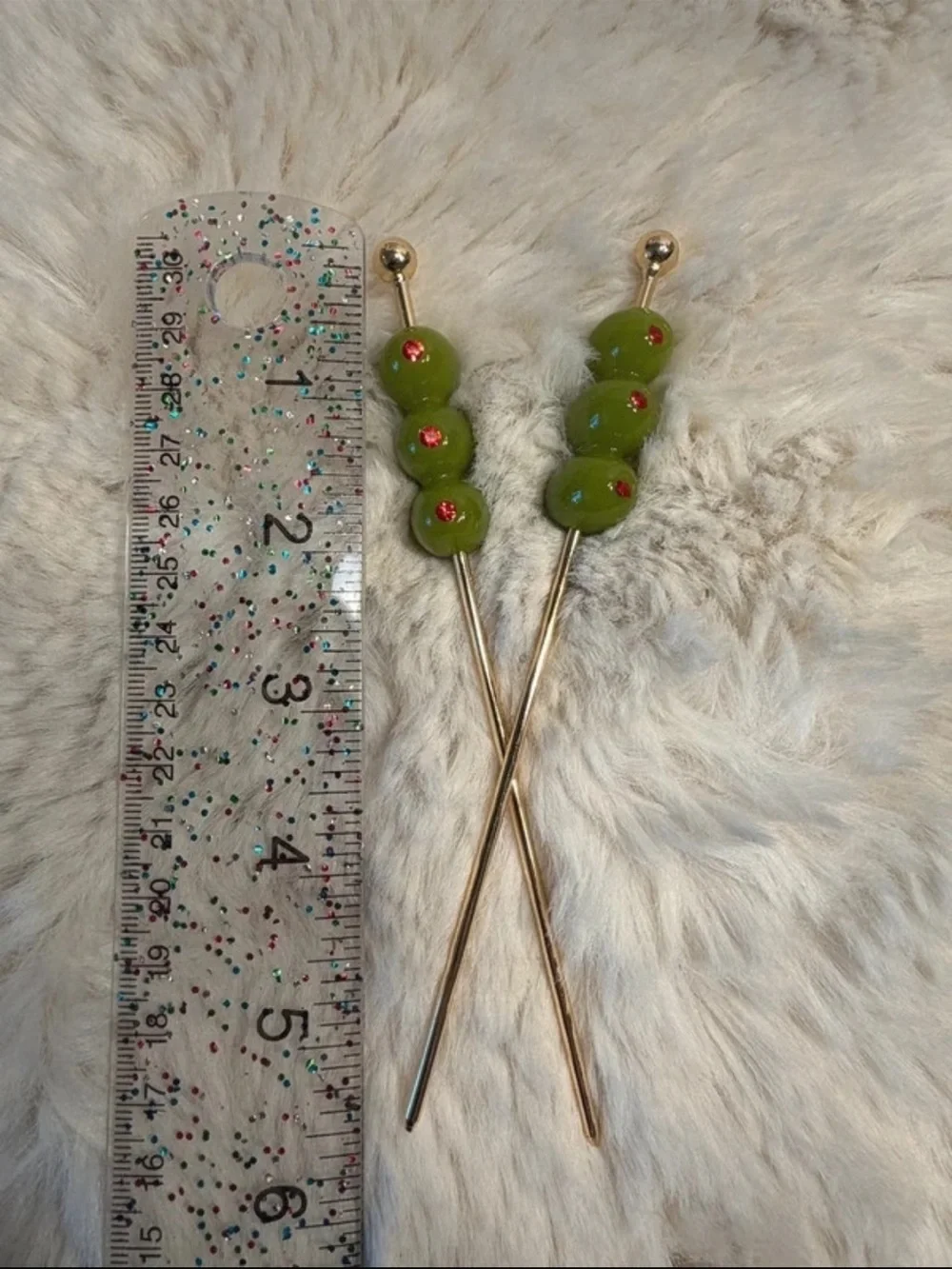 Martini mid century modern Green Olive Bead Hair Stick Pair - Women Jewelry